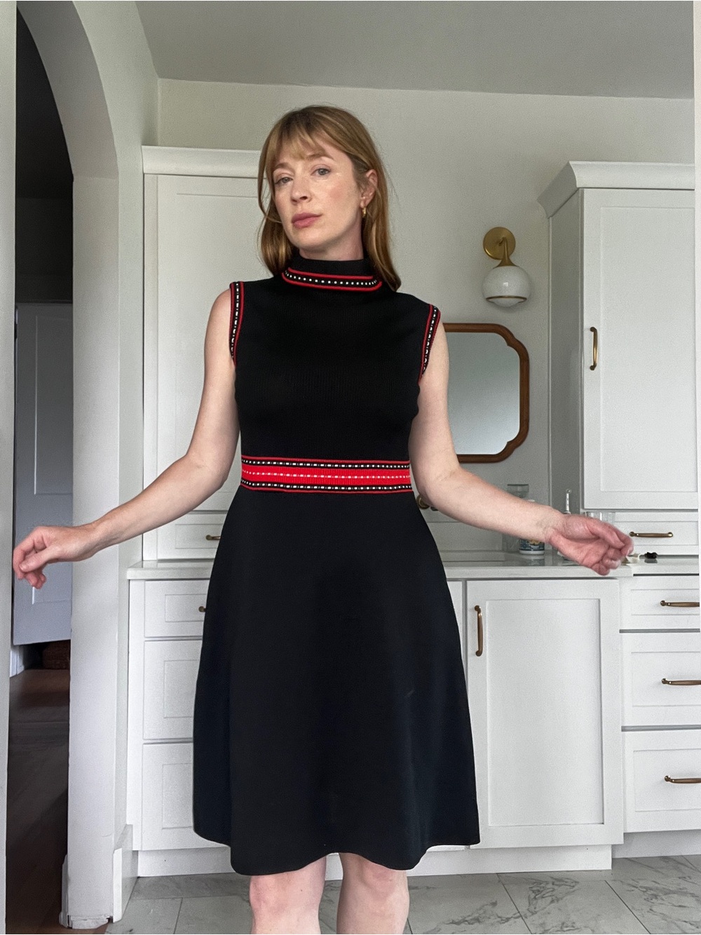 Vintage Sleeveless Black Knit Dress with Red Trim